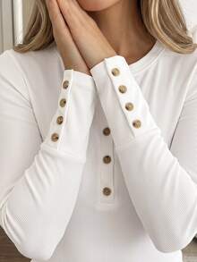 Easowa Women's Solid Color Casual Versatile Daily Long Sleeve T-Shirt - White - View 4