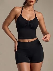 SHEIN Sports Camiseta deportiva de mujer de unicolor con cuello halter plisado para fitness diario - Negro - Ver 3