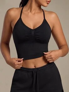 SHEIN Sports Camiseta deportiva de mujer de unicolor con cuello halter plisado para fitness diario - Negro - Ver 2