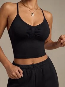 SHEIN Sports Camiseta deportiva de mujer de unicolor con cuello halter plisado para fitness diario - Negro - Ver 5