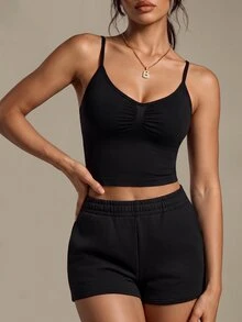 SHEIN Sports Camiseta deportiva de mujer de unicolor con cuello halter plisado para fitness diario - Negro - Ver 4