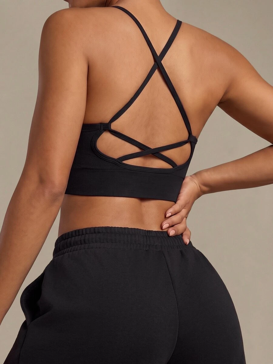 SHEIN Sports Camiseta deportiva de mujer de unicolor con cuello halter plisado para fitness diario - Negro - Ver 1