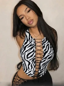 BamGleam 女款性感動物印花前綁帶背心 - 黑與白 - 查看 1
