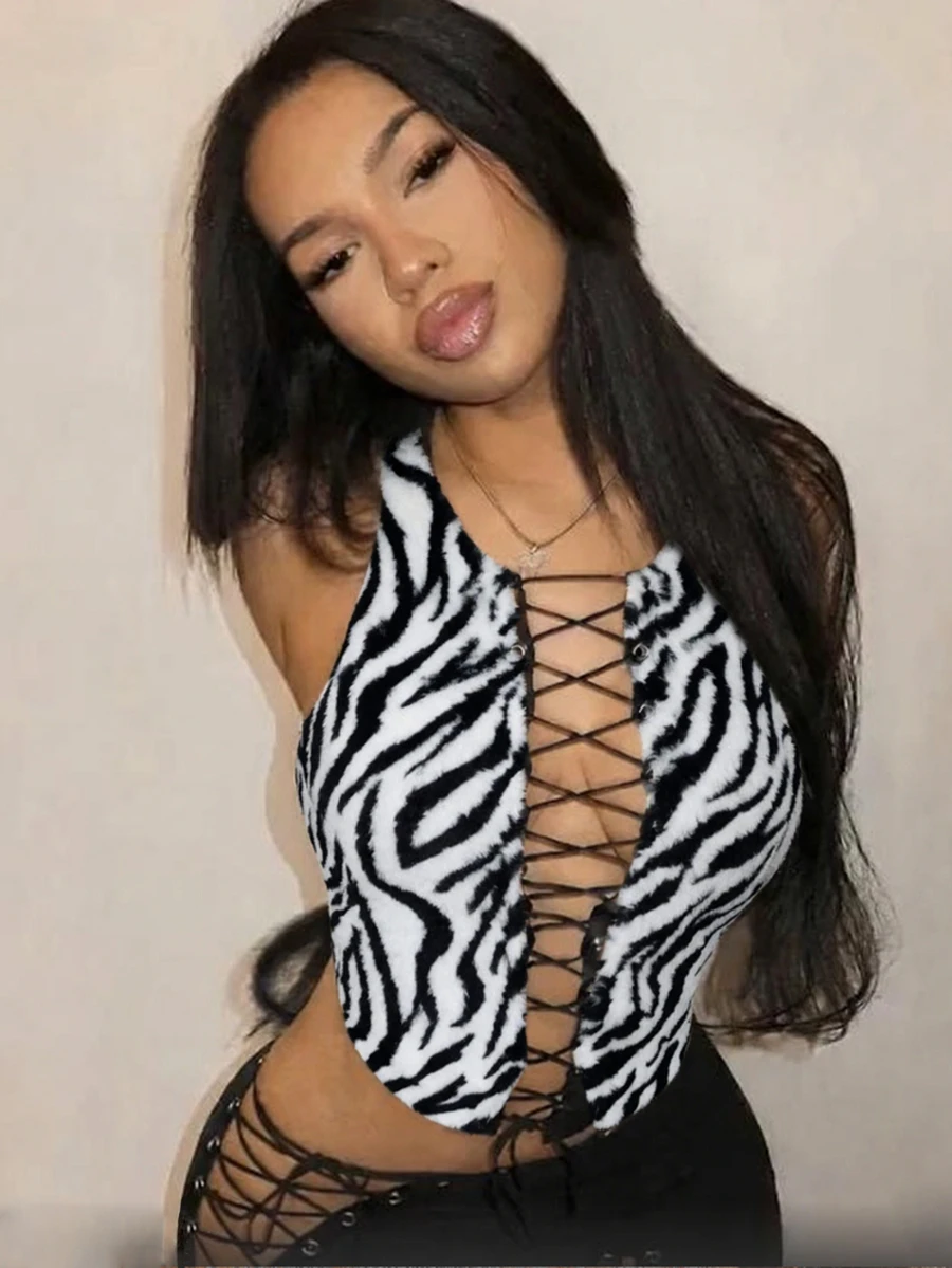 BamGleam 女款性感動物印花前綁帶背心 - 黑與白 - 查看 1