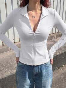 DAZY Women's White Casual Sports Cardigan Jersey Jacket, Regular Fit, Spring - White - View 3