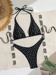 Swim Basics 女士两件套波点印花比基尼套装，黑白，休闲度假装 - 彩色 - 查看 3