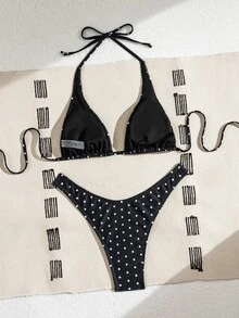 Swim Basics 女士两件套波点印花比基尼套装，黑白，休闲度假装 - 彩色 - 查看 4