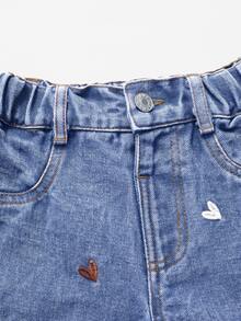 SHEIN 女童時尚可愛街頭風愛心刺繡寬鬆直筒牛仔長褲 - 藍色 - 查看 4