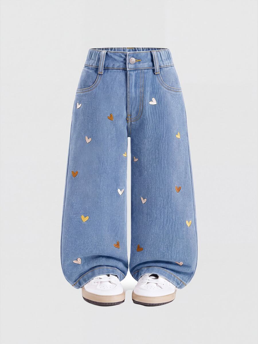 SHEIN Girls' Fashionable Cute Street Style Heart Embroidered Loose Fit Straight Leg Denim Jeans - Blue - View 1