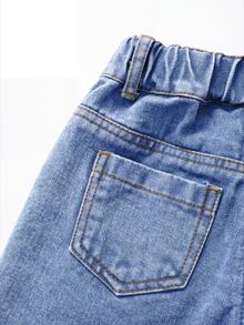 SHEIN 女童時尚可愛街頭風愛心刺繡寬鬆直筒牛仔長褲 - 藍色 - 查看 7