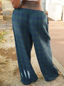 Neverly Edit Neverly Edit Women's Plaid Colorblock Blue & Green Loose Wide Leg Long Pants, Suitable For Autumn/Winter - Multicolor - View 2