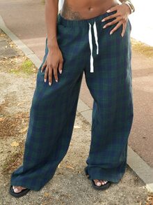 Neverly Edit Neverly Edit Women's Plaid Colorblock Blue & Green Loose Wide Leg Long Pants, Suitable For Autumn/Winter - Multicolor - View 3