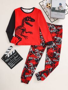 SHEIN 2pcs Kids Tween Boy Casual Daily Comfortable Printed Pattern Crew Neck Pullover Pajama Top And Pants Knit Loungewear Tight Fit Set - Red - View 3