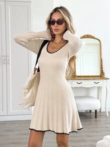 Easowa Women's Colorblock Casual Daily Knit Dress - Apricot - View 4