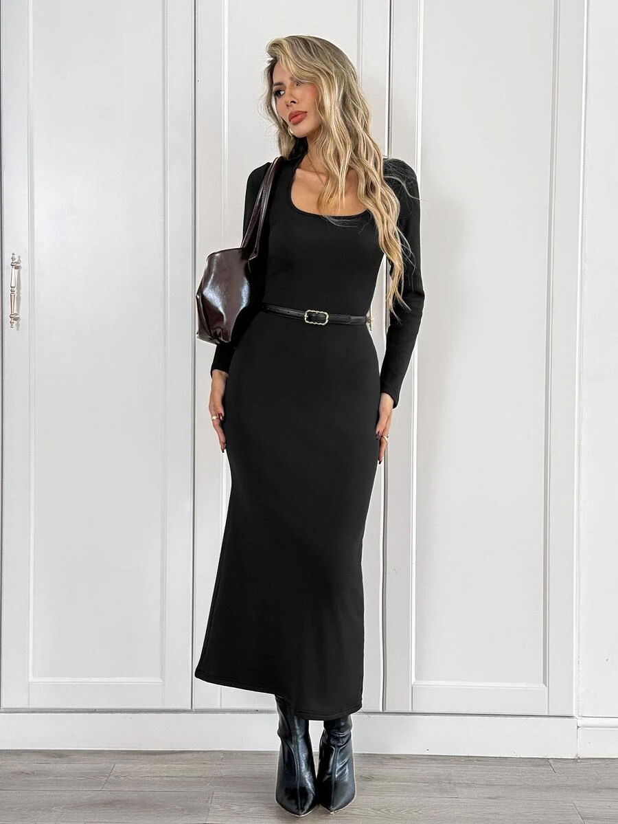 Easowa Women'sfall/Winter Dress Solid Color Casual Minimalist Simple Party Everyday Date Midi Dress Black - Black - View 1