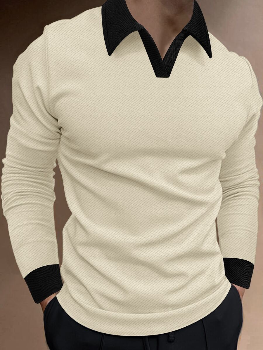 Manfinity Homme 男士對比色休閒通勤長袖 Polo 衫 商務辦公 黑米色 秋冬款 - 杏色 - 查看 1