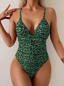 Swim Basics Women's Sexy One-Piece Random Leopard Print Deep V Spaghetti Strap Swimsuit - Olive Green - View 3
