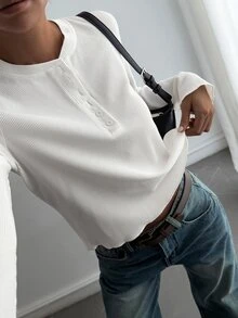 Livesso Women's Crew Neck Short Sleeve White Solid Color Loose Drop Shoulder Casual Minimalist T-Shirt Fall - White - View 6