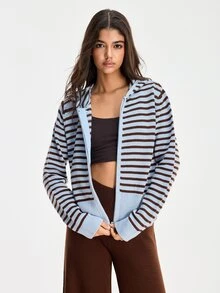 SHEIN طقم نسائي من قطعتين هودي بياقة دائرية وسحاب مع كارديجان وبنطلون سويتر بتفاصيل خطوط وسحاب - بني - مشاهدة 7