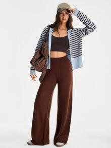 SHEIN طقم نسائي من قطعتين هودي بياقة دائرية وسحاب مع كارديجان وبنطلون سويتر بتفاصيل خطوط وسحاب - بني - مشاهدة 4
