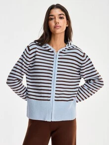 SHEIN طقم نسائي من قطعتين هودي بياقة دائرية وسحاب مع كارديجان وبنطلون سويتر بتفاصيل خطوط وسحاب - بني - مشاهدة 9