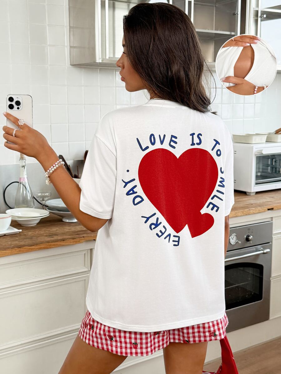 SHEIN Maternity Casual Heart Slogan Print Nursing T-Shirt, Summer Summer Outfits World Cup - White - View 1