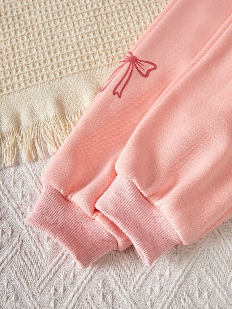 SHEIN Elladie kids Young Girls Jacket Set, Pink, Jacket + Pants Two Pieces Outfit, Loose Fit, Warm For Autumn/Winter, Fashionable Versatile, Casual, Collar, Round Neck, Daily Wear, Printed, Zipper, Comfortable, Autumn, Cute - Pink - View 5