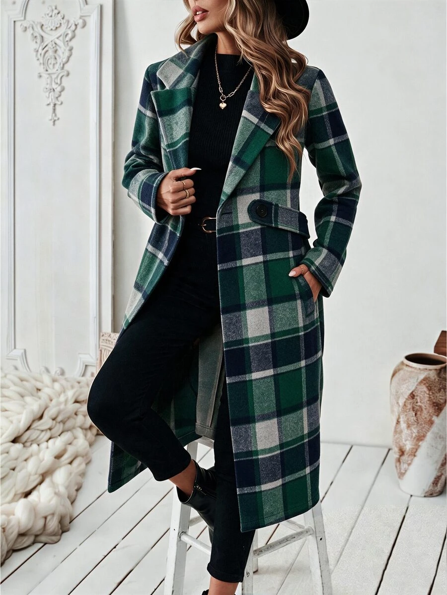 SHEIN Women's Long Sleeve Notched Lapel Plaid Coat With Belt - Green - View 1