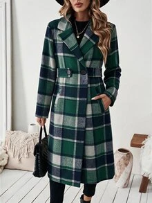 SHEIN Women's Long Sleeve Notched Lapel Plaid Coat With Belt - Green - View 4