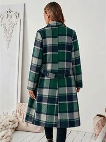 SHEIN Women's Long Sleeve Notched Lapel Plaid Coat With Belt - Green - View 2