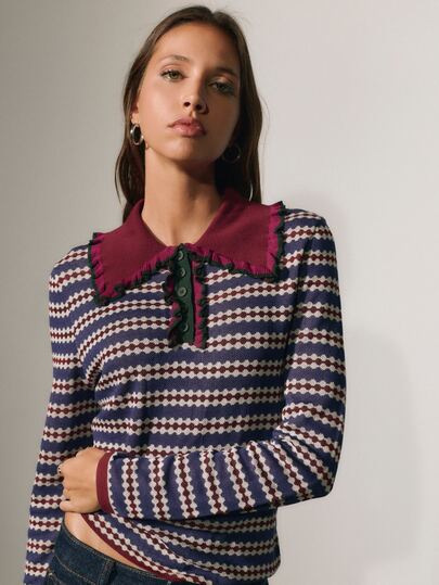 Nöista Purple Jacquard Knit Top With Burgundy Ruffle Collar, Office Top For Women, Smart Casual Knitwear, Fall Winter Aesthetic Chic