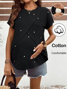 SHEIN Maternity Heart Print Round Neck Short Sleeve Nursing T-Shirt - Black - View 1