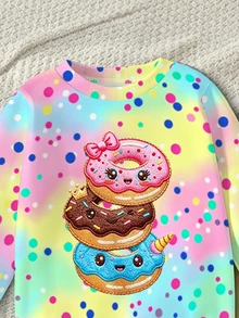SHEIN 1套青少年女孩活力漸層彩虹底色彩色波點卡通甜甜圈圖案長袖衛衣與內搭褲套裝，適合週末外出與聚會，春秋穿著，2件套服裝 - 彩色 - 查看 5