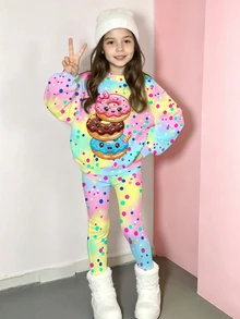 SHEIN 1套青少年女孩活力漸層彩虹底色彩色波點卡通甜甜圈圖案長袖衛衣與內搭褲套裝，適合週末外出與聚會，春秋穿著，2件套服裝 - 彩色 - 查看 1