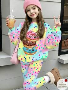 SHEIN 1套青少年女孩活力漸層彩虹底色彩色波點卡通甜甜圈圖案長袖衛衣與內搭褲套裝，適合週末外出與聚會，春秋穿著，2件套服裝 - 彩色 - 查看 3