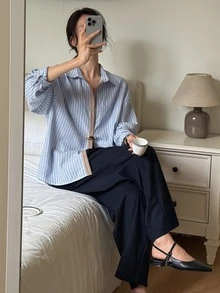 Livesso Women's Loose Casual Minimalist Modest Cotton Shirt With Collar, Long Sleeve, Blue And White Striped Solid Color, Button-Down Autumn Brunch Office - Blue - View 6