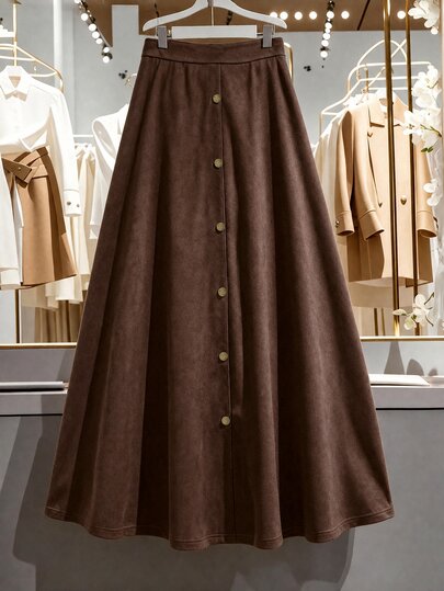 GlowEve CURVE Plus Size Women's High Waist Elegant Brown Suede Fabric Front Decorated Vintage Button A-Line Umbrella Skirt, Knee-Length Skirt, Suitable For Autumn/Winter Women's Commute Casual Wear, Office Wear, Elegant Halloween Valentine's Day Party Evening, Wedding Season Back To School Fashion Women's Brown Skirt