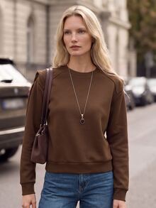 Airaco Casual Loose Short Thermal Lined Long Sleeve Sweatshirt For Women, Autumn/Winter - Brown - View 2