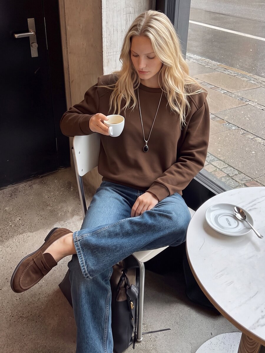 Airaco Casual Loose Short Thermal Lined Long Sleeve Sweatshirt For Women, Autumn/Winter - Brown - View 1