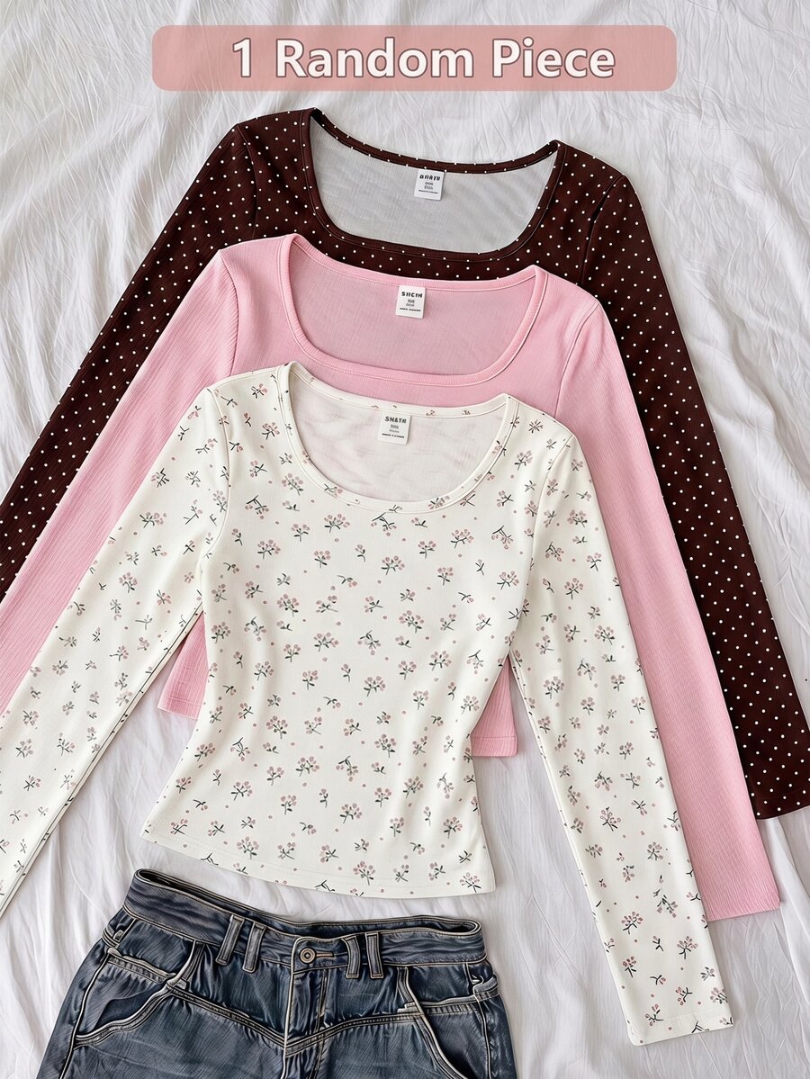 Tween Girl' Round Neck Long Sleeve Slim Fit T-Shirt With Small Ditsy Floral, Casual Everyday Top, Autumn - White - View 1