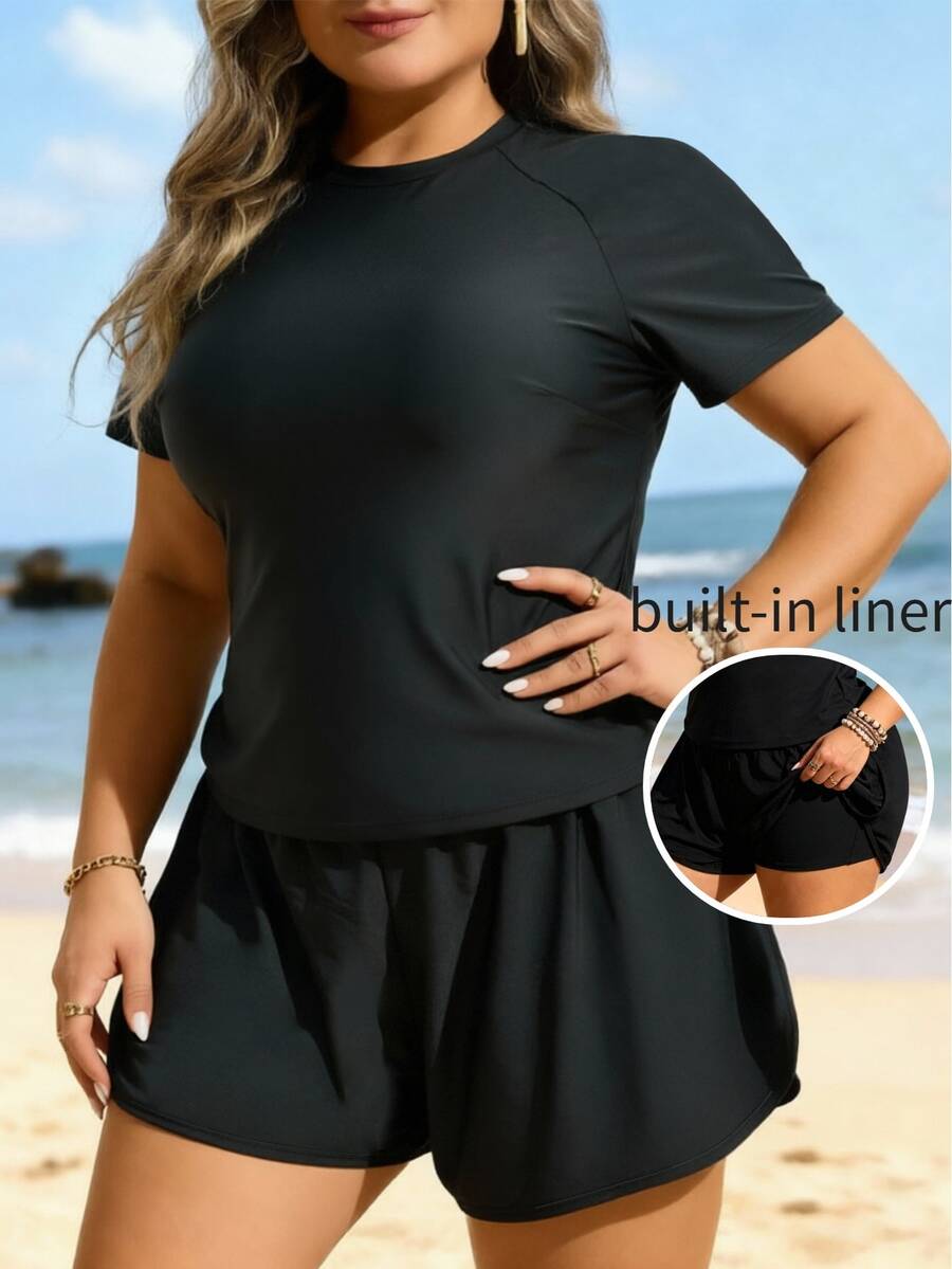 Swim Lushoire Plus Size Women 2pcs Random Print Long Sleeve Pullover Sun Protection Double Layer Loose Shorts Surfing Sports Tank Bikini Set - Black - View 1