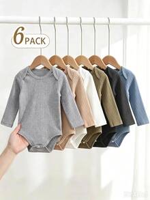 Souflis Souflis 6pcs/Pack Infant Newborn Casual Solid Color Versatile Long Sleeve Rompers Suitable For All Seasons Autumn Fall - Multicolor - View 2