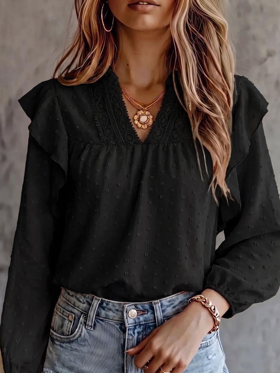 SHEIN Women's Fashion Casual Round Collar Notched Long Sleeve Shirt - Black - View 1