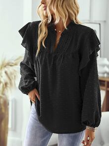 SHEIN Women's Fashion Casual Round Collar Notched Long Sleeve Shirt - Black - View 5