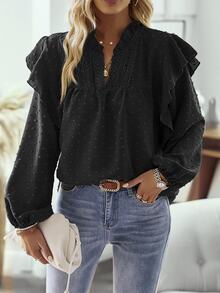 SHEIN Women's Fashion Casual Round Collar Notched Long Sleeve Shirt - Black - View 4