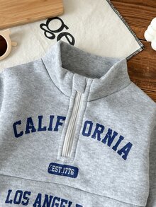 SHEIN 新生兒女嬰秋冬套裝 灰色圖案休閒運動風 極簡拉鍊長袖衛衣上衣搭配長褲套裝 - 灰色 - 查看 6