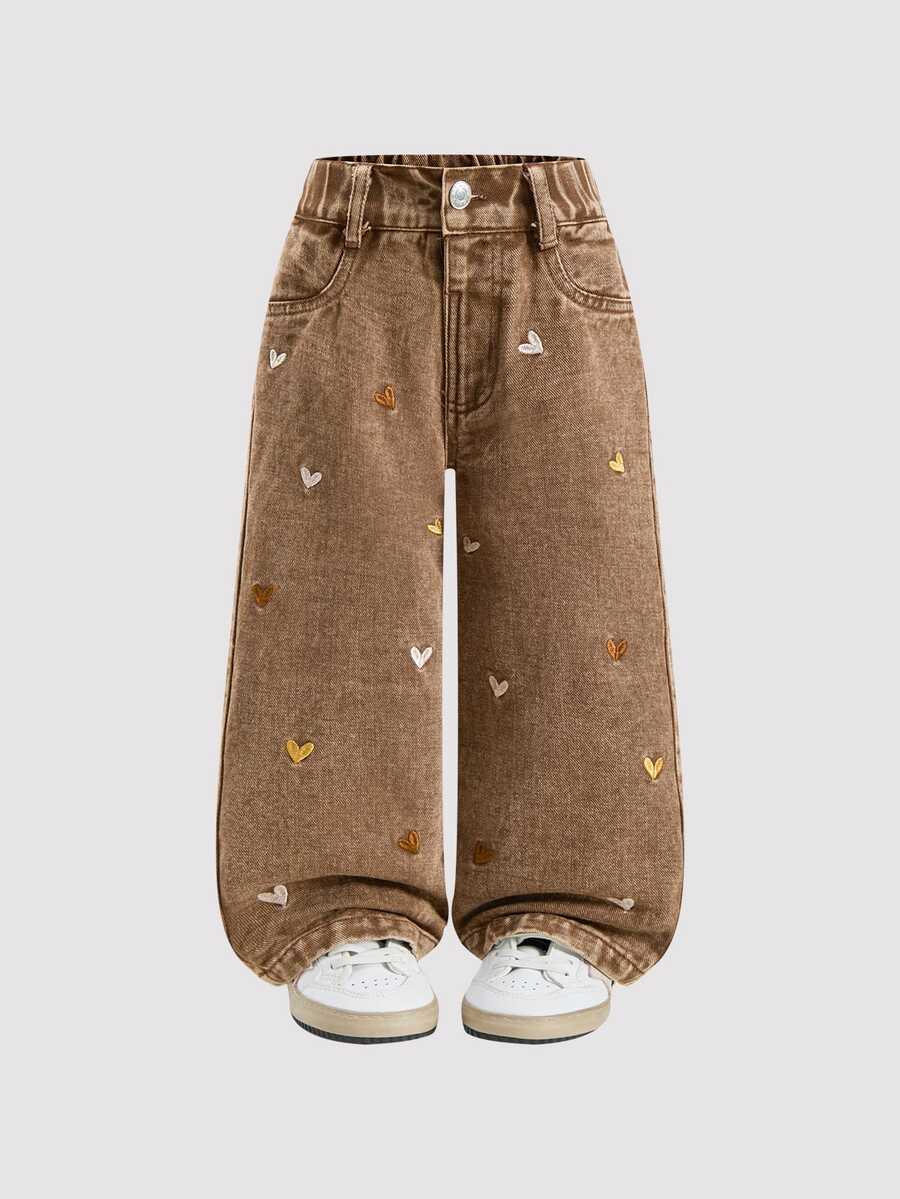 SHEIN Quần jean denim ống đứng suông rộng thêu hình trái tim phong cách đường phố dễ thương thời trang cho bé gái - màu nâu - Xem 1