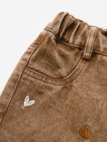SHEIN Quần jean denim ống đứng suông rộng thêu hình trái tim phong cách đường phố dễ thương thời trang cho bé gái - màu nâu - Xem 7
