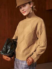 Airaco Women's Geometric Textured Turtleneck Long Sleeve Casual Sweater, Autumn/Winter Tweed Earthy Style - Brown - View 8