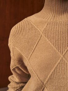 Airaco Women's Geometric Textured Turtleneck Long Sleeve Casual Sweater, Autumn/Winter Tweed Earthy Style - Brown - View 6